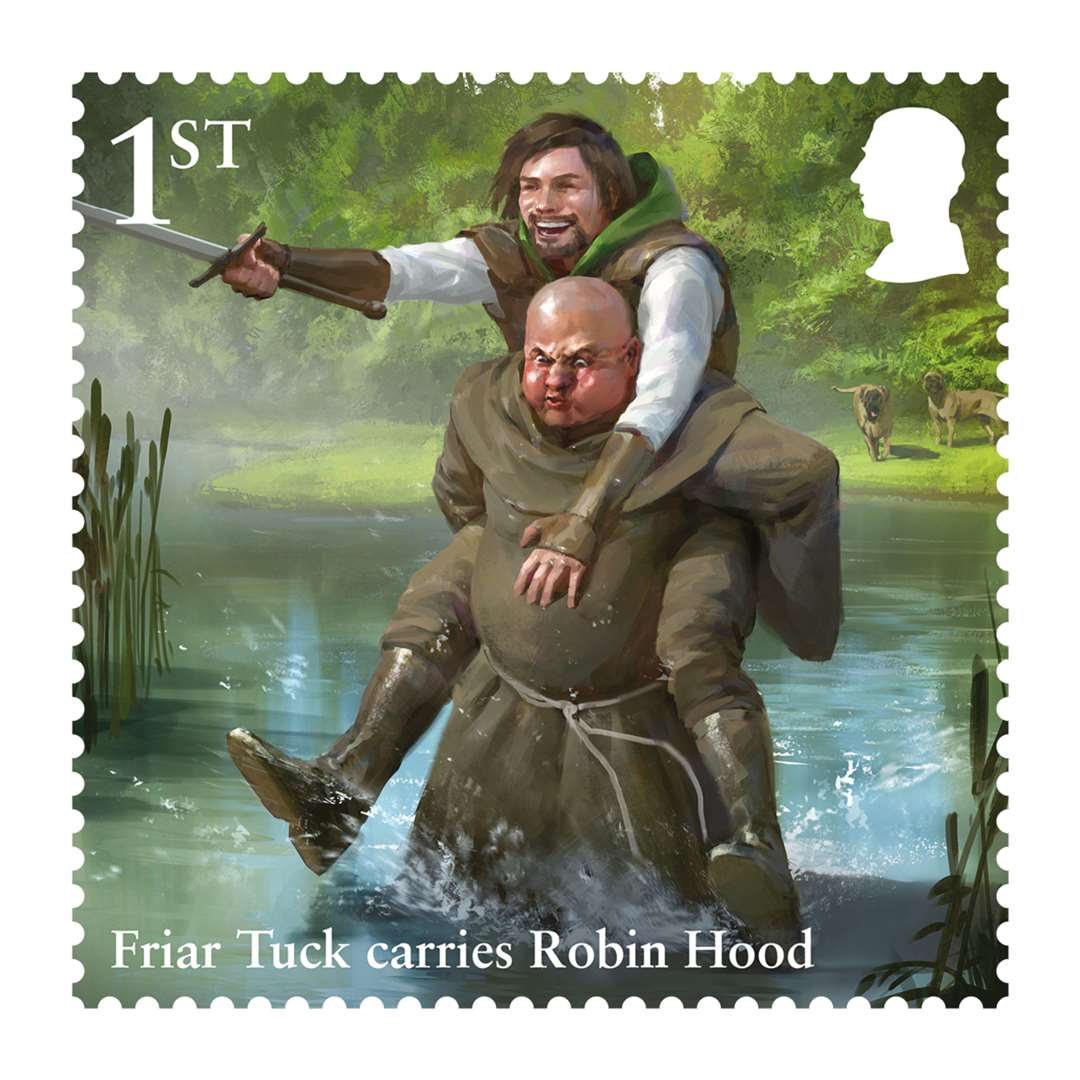Friar Tuck carries Robin Hood in one of the stamps in the set