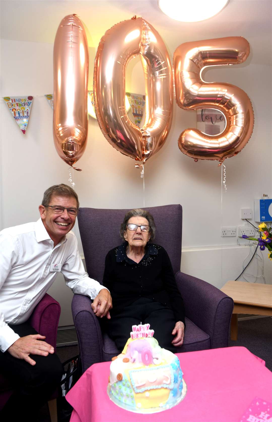 Eva Copeman celebrating her 105th Birthday with Chief Executive Sam Monaghan of MHA. (30365990)