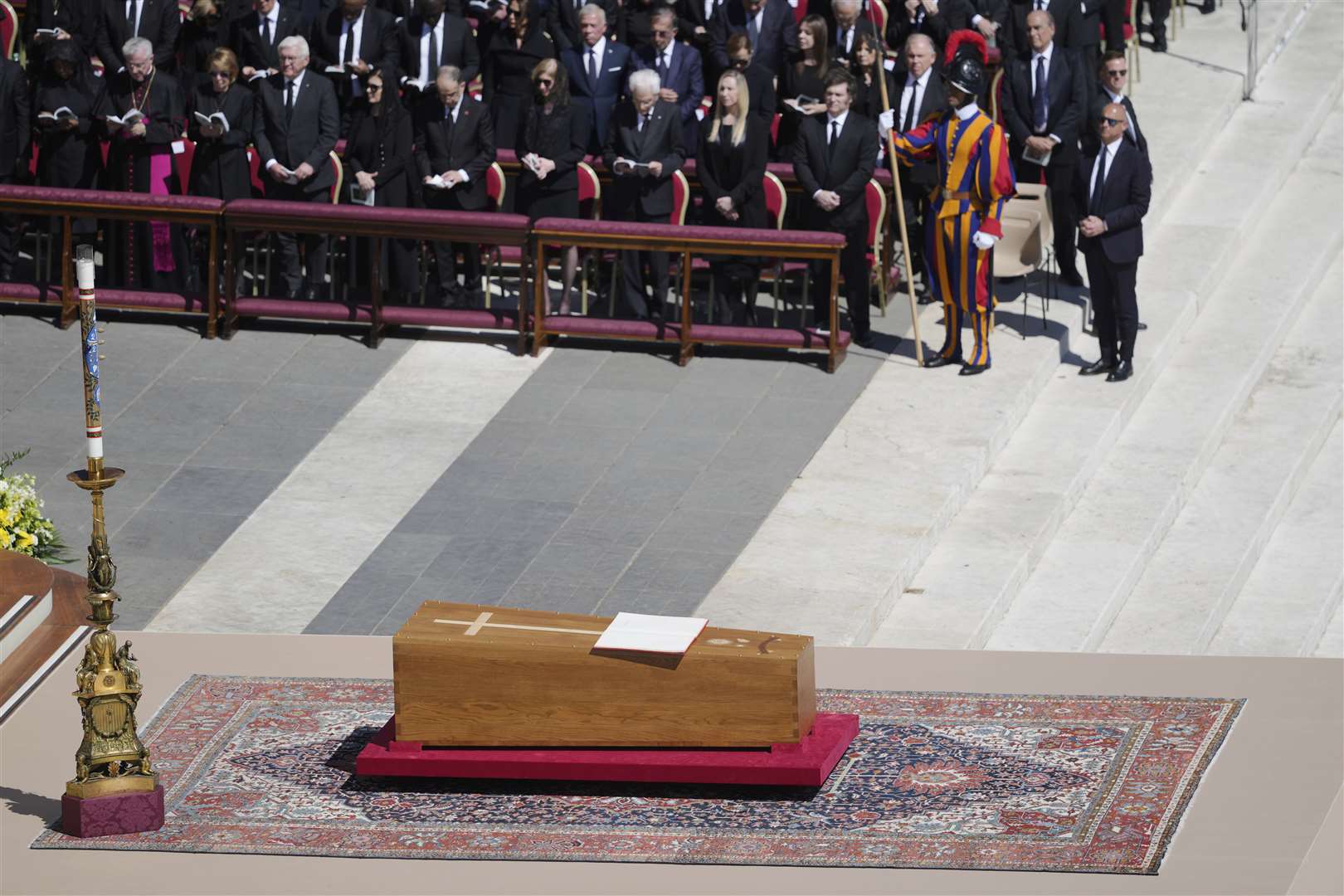The coffin of Pope Francis lies in St Peter’s Square at the Vatican (Markus Schreiber/AP)