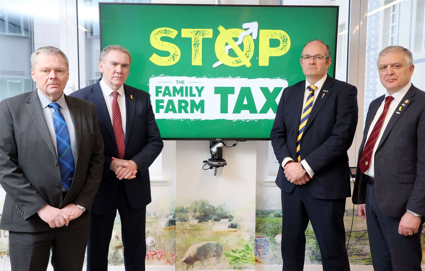 From left: Andrew Connon, NFU Scotland president, Aled Jones, Cymru President, Tom Bradshaw, NFU President, William Irvine, Ulster Farming Union President. Four Farming Union leaders showing their support for the Stop The Family Farm Tax campaign at the NFU London office. The NFU held a press conference after meeting with the Treasury to provide an update on discussions over changes to inheritance tax for agricultural property and businesses on Tuesday, February 18. Picture: Lloyd Sturdy/ NFU.