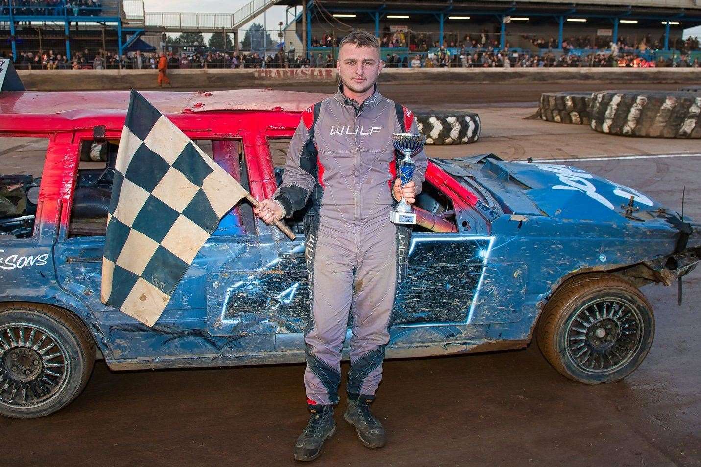 41 Lee Barnes following his first-ever Unlimited Banger victory. Picture: Jim Harrod