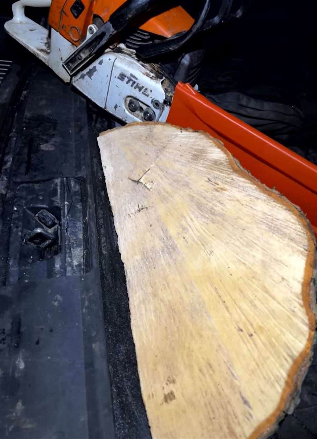 Footage found on the phone of Daniel Graham of the chainsaw allegedly used to fell the Sycamore Gap tree, and a wedge of the trunk prosecutors say they took as a trophy (CPS/PA)