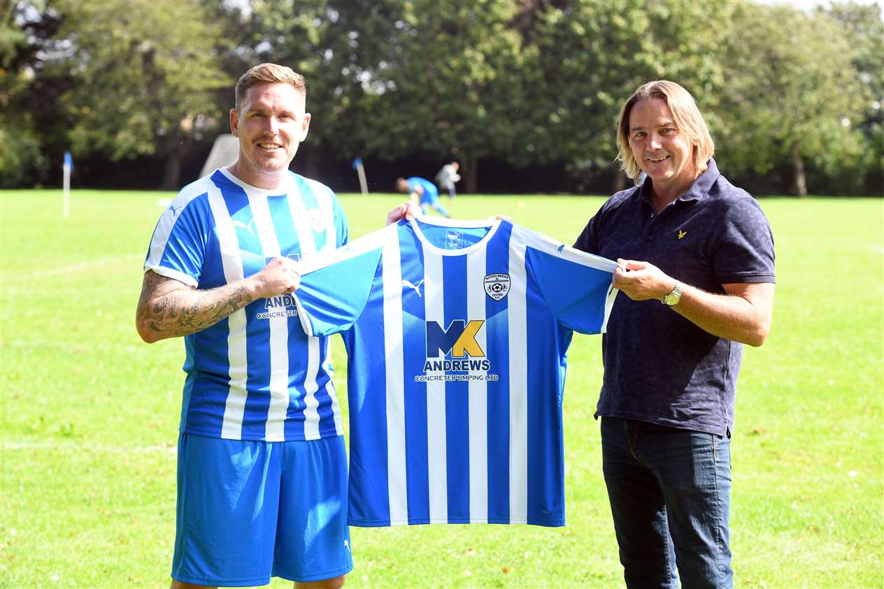 Sutton Bridge FC manager Liam Burton with sponsor Mark Andrews.