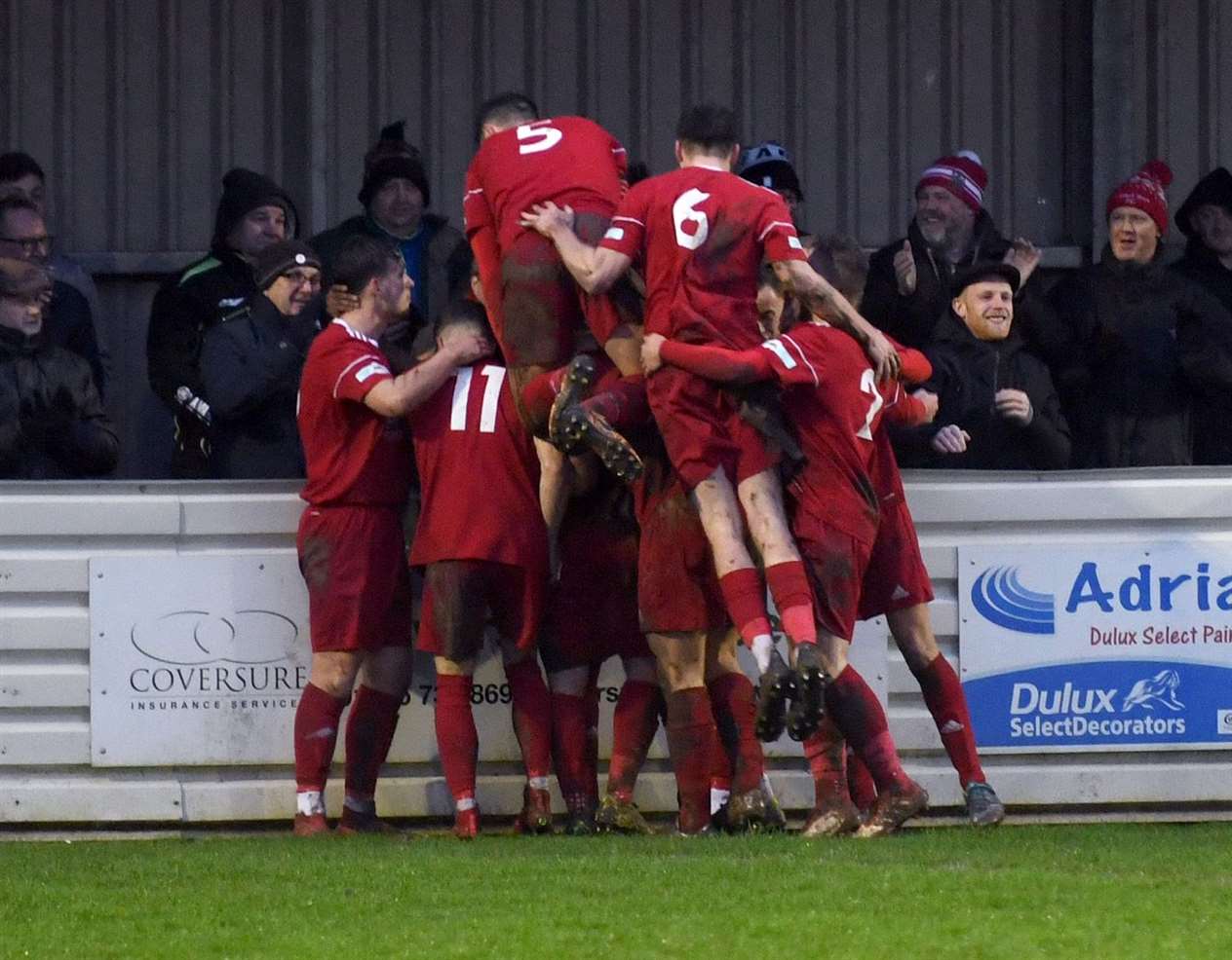 Wisbech celebrate their first goal.