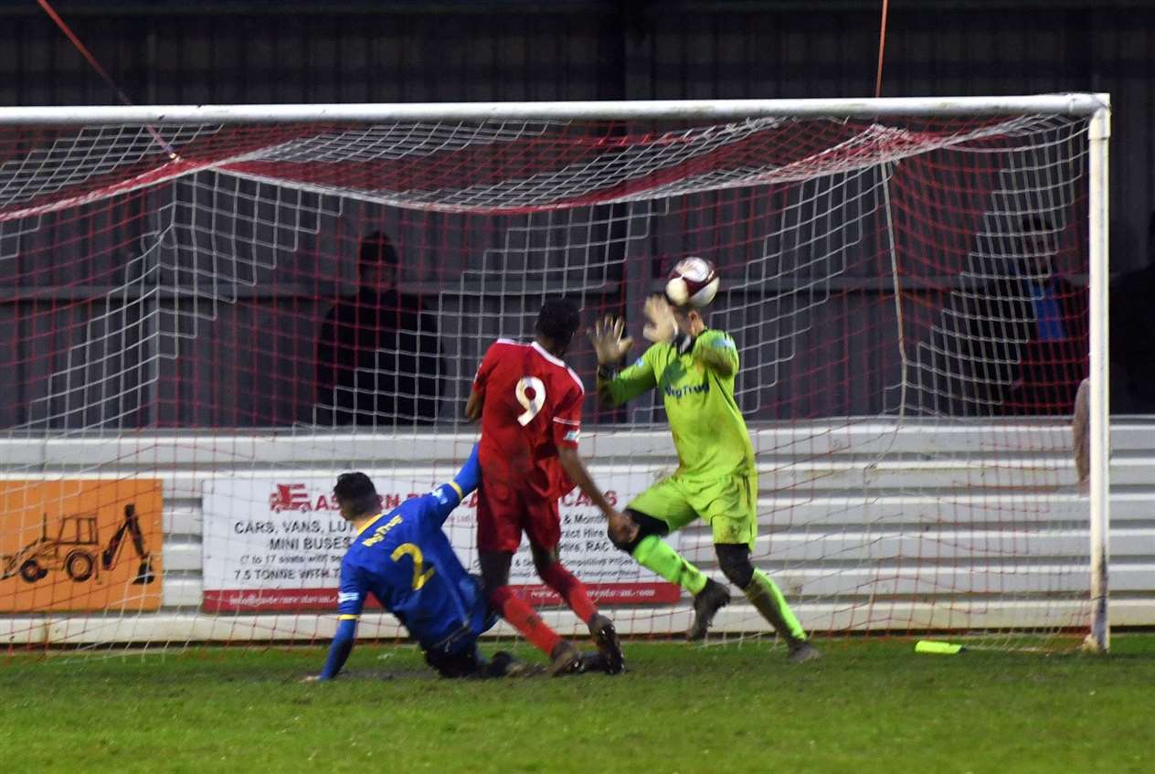 Tiago Nassunculo scores Wisbech's first goal.