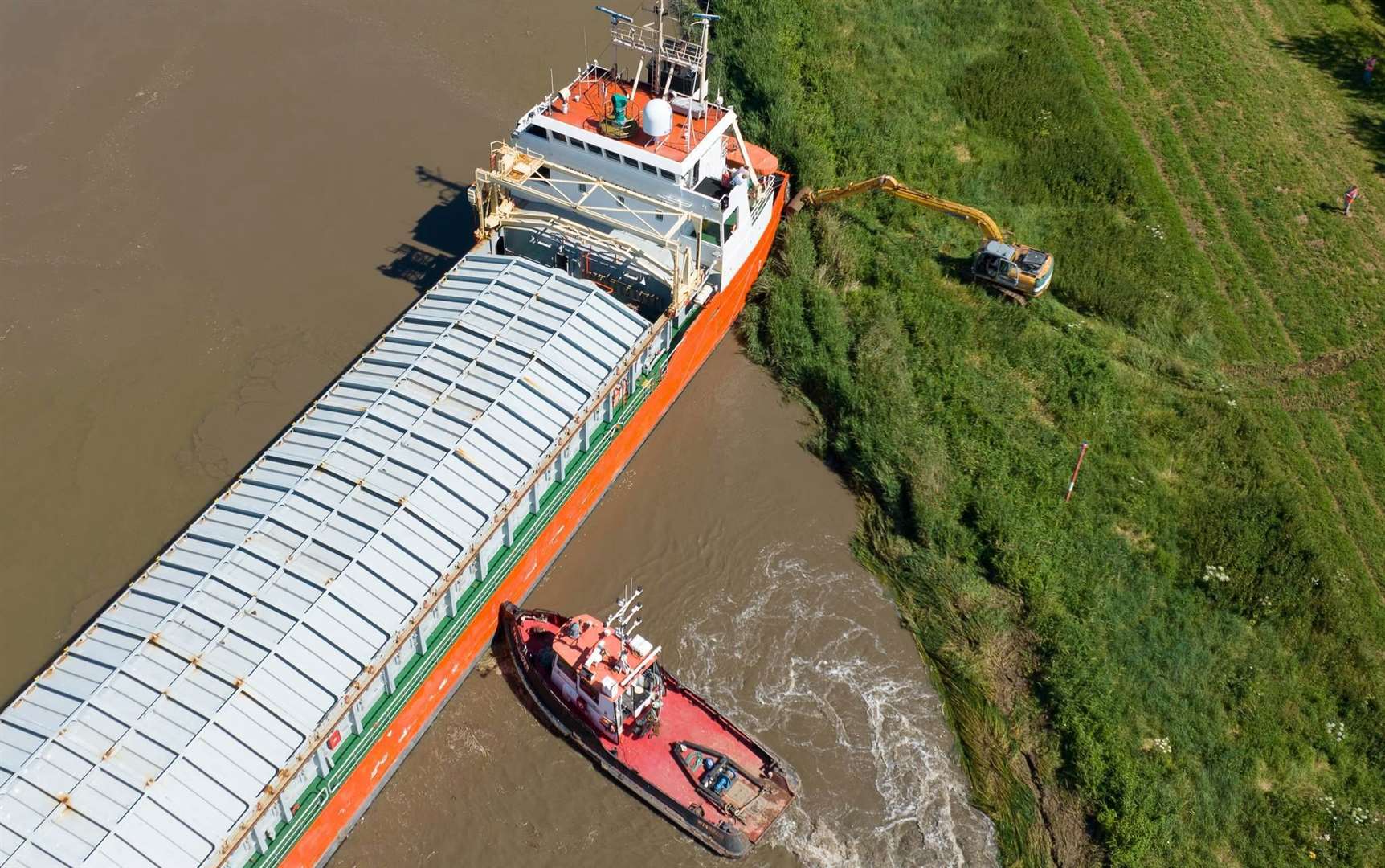 An aerial view of the Baltic Arrow which is stuck in the River Nene PHOTO: drone people
