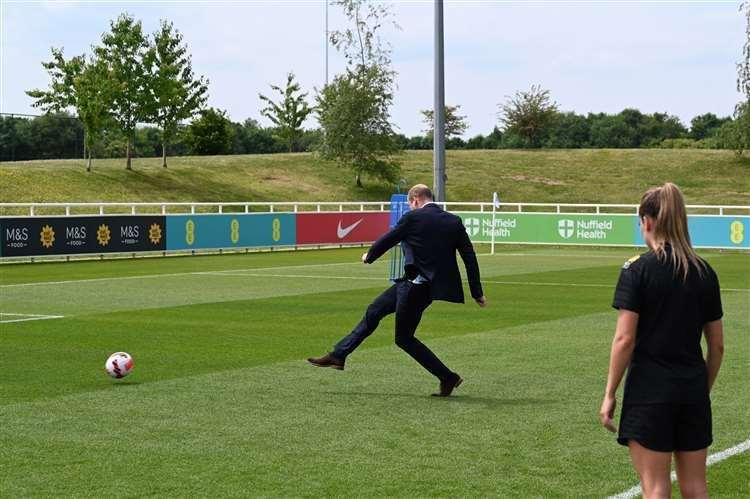 William shoots to score a goal during a visit to St George’s Park to meet with the England women’s team ahead of Uefa Women’s Euro 2022 (Paul Ellis/PA) (61596356)