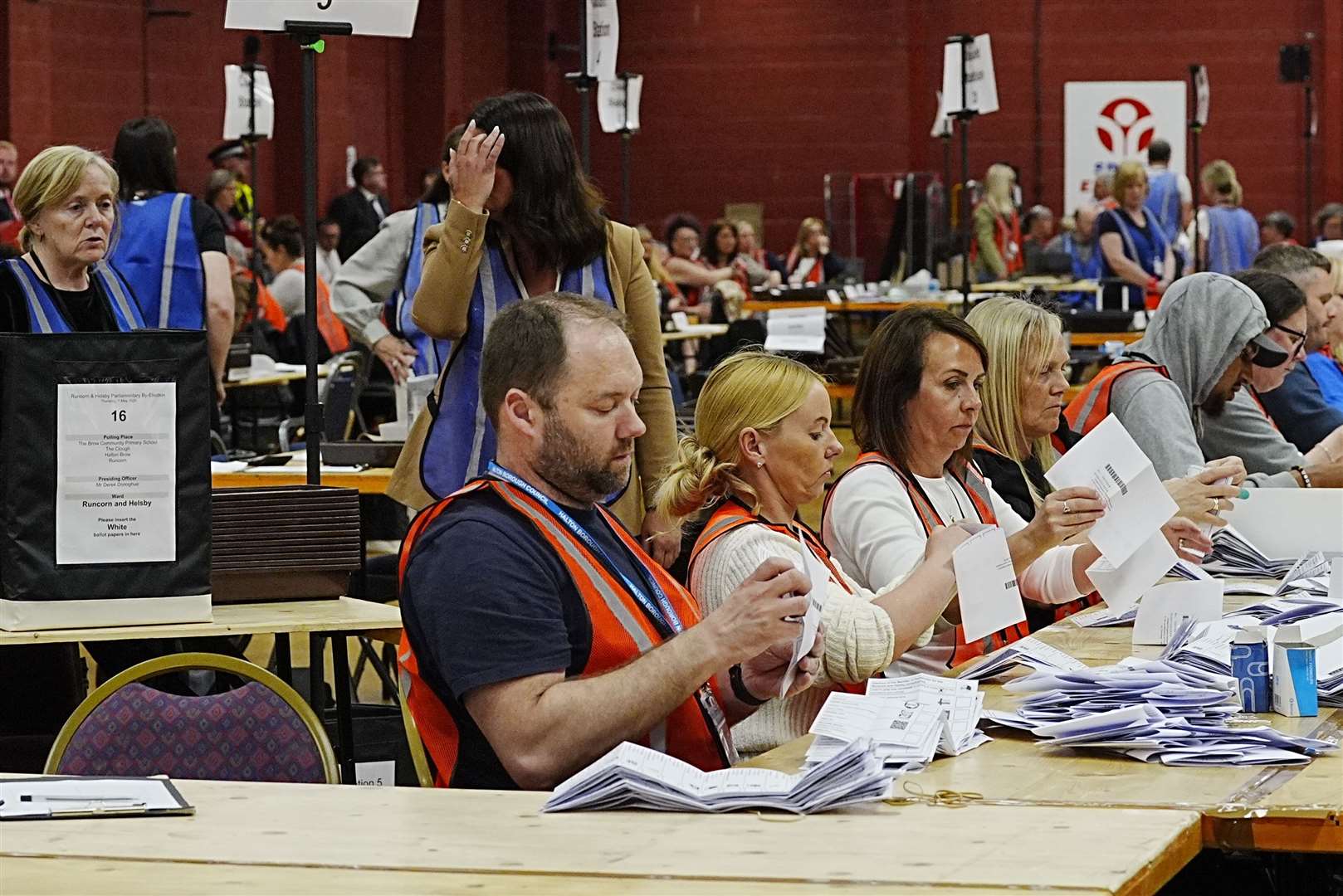Votes are counted at DCBL Halton Stadium, Widnes, Cheshire, for the Runcorn and Helsby by-election (Peter Byrne/PA)