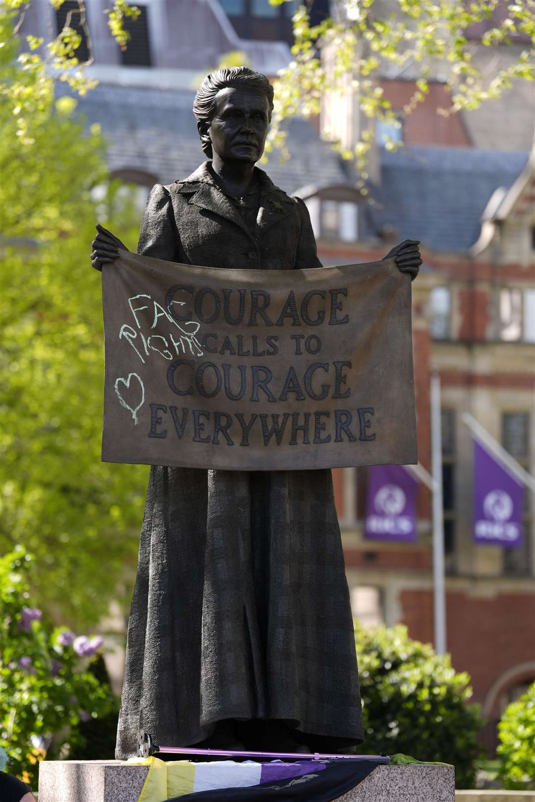Graffiti left on statues in Parliament Square, London, after campaigners held a rally organised by trans rights groups, trade unions, and community organisations, following the Supreme Court ruling (Andrew Matthews/PA)