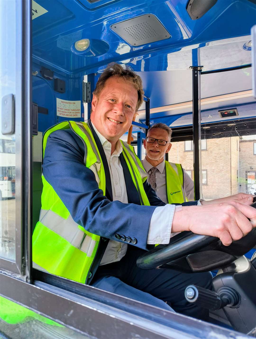New mayor Paul Bristow with Darren Roe on his visit to Stagecoach East