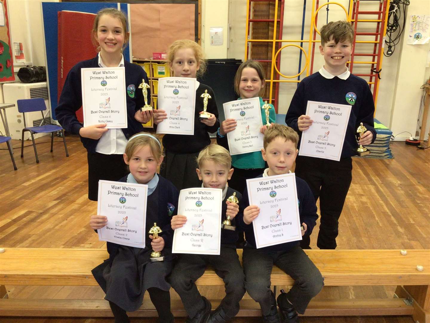 Best Overall Story winners - Reception to Year 6 – Back row from left: Ruby, Aria, Penny, and Charlie; front row from left: Elisha, George, and Archie
