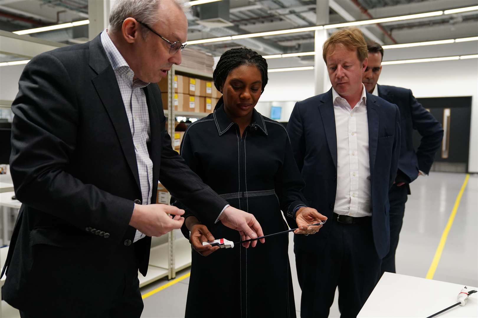 Conservative party leader Kemi Badenoch visited CMR Surgical in Ely Cambridgeshire, as her party campaigns for May’s local elections (Ben Whitley/PA)
