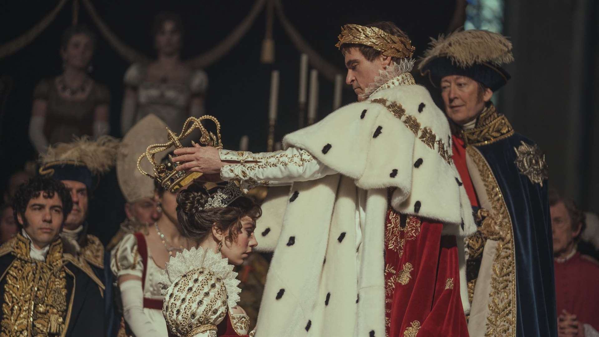 Joaquin Phoenix stars as Napoleon Bonaparte and Vanessa Kirby stars as Empress Josephine in Apple Original Films and Columbia Pictures theatrical release of NAPOLEON. Photo by: Aidan Monaghan