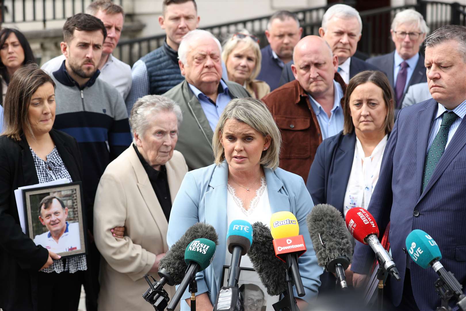 Sean Brown’s daughter Clare Loughran speaks to reporters outside court (Liam McBurney/PA)