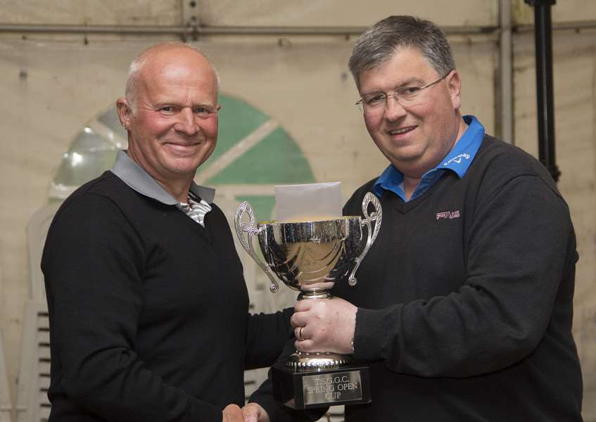 Tydd St Giles Spring open winner Mark Gedge left as you view, being presented with winners trophy by Club captain Neil John plus other Tydd golf club results