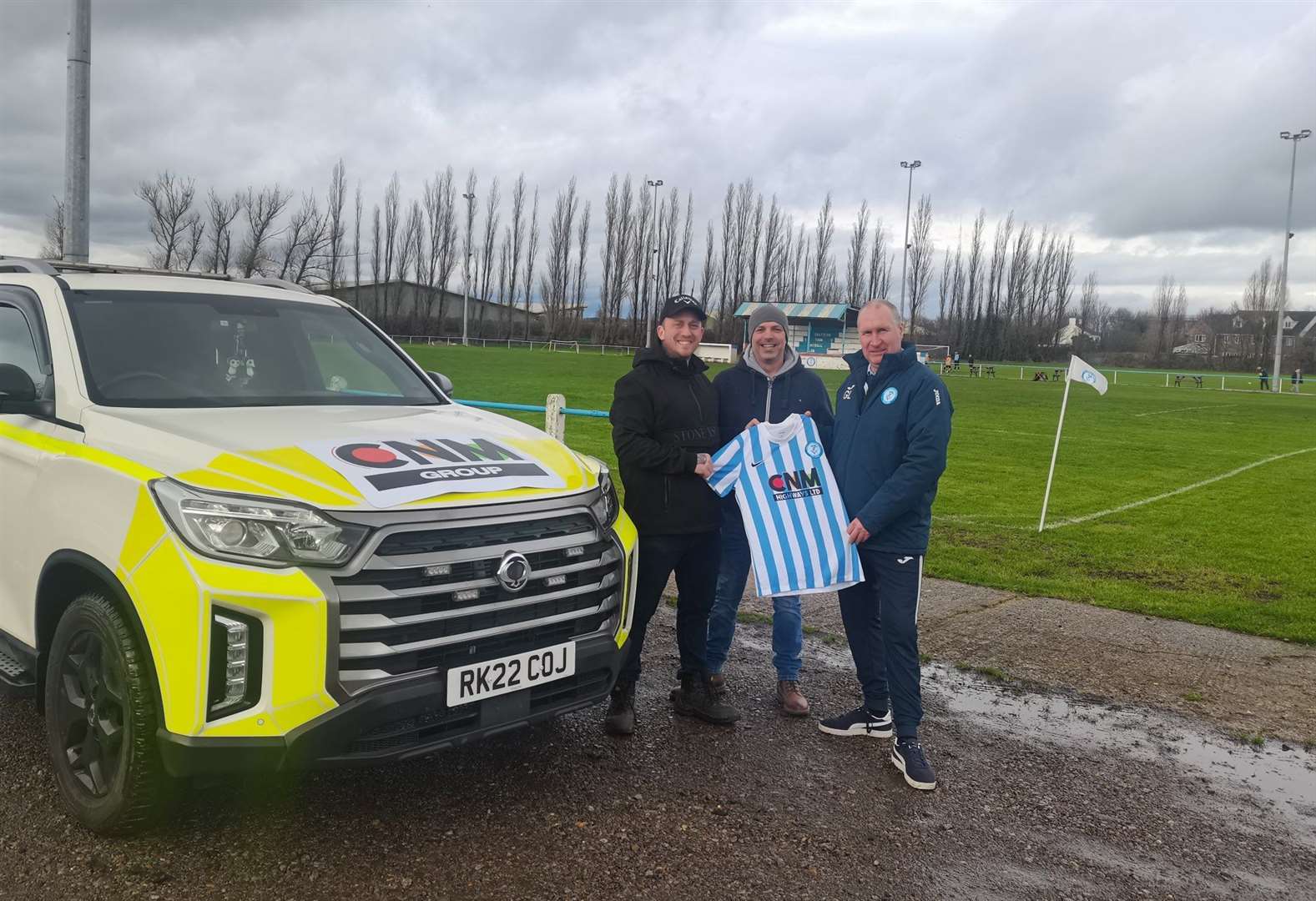 Chatteris Town A manager Graham Lilley is pictured with Chris and Paul from CNM Highways, who have sponsored the Lilies' match kit.