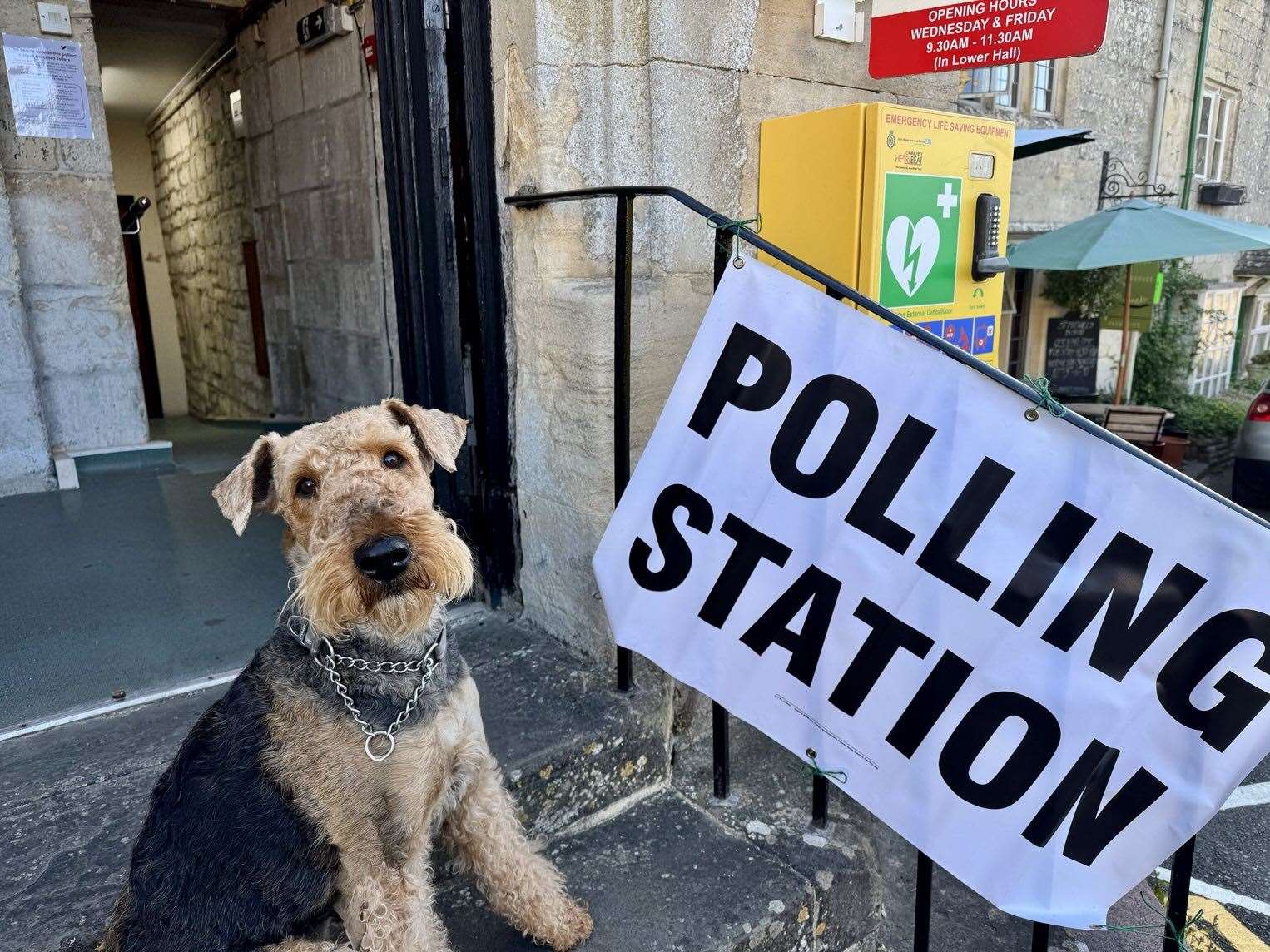 Airedale Terrier Margo outside a polling station in Painswick, Gloucestershire (Niall Cook/PA)