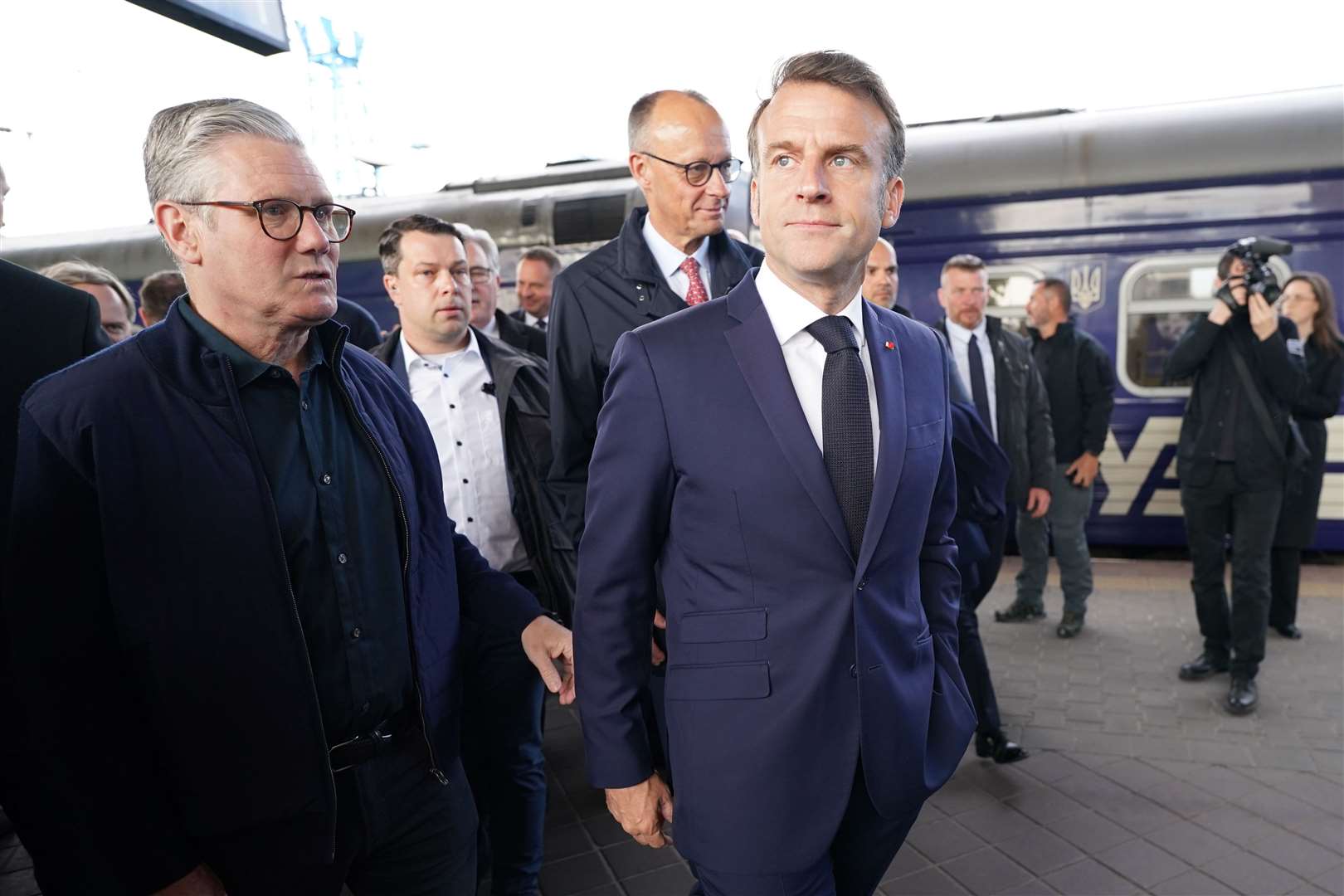 Sir Keir Starmer arrives at Kyiv’s train station with Emmanuel Macron (right) and German Chancellor Friedrich Merz (second right) (Stefan Rousseau/PA)