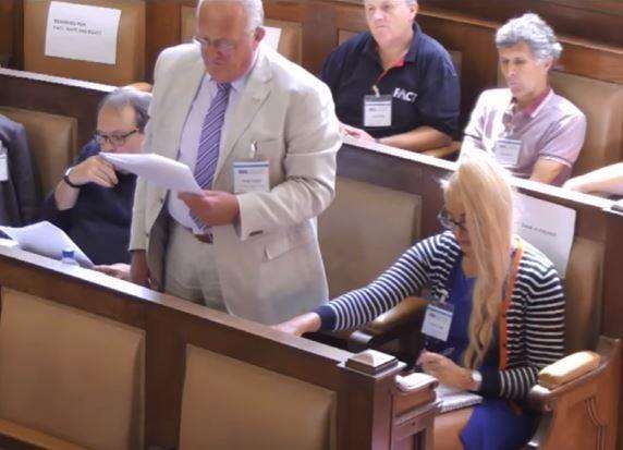 Councillor Kit Owen addresses the special meeting of Cambridgeshire County Council's audit and accounts committee, with Jo Philpott (seated next to him on the right). (3447163)