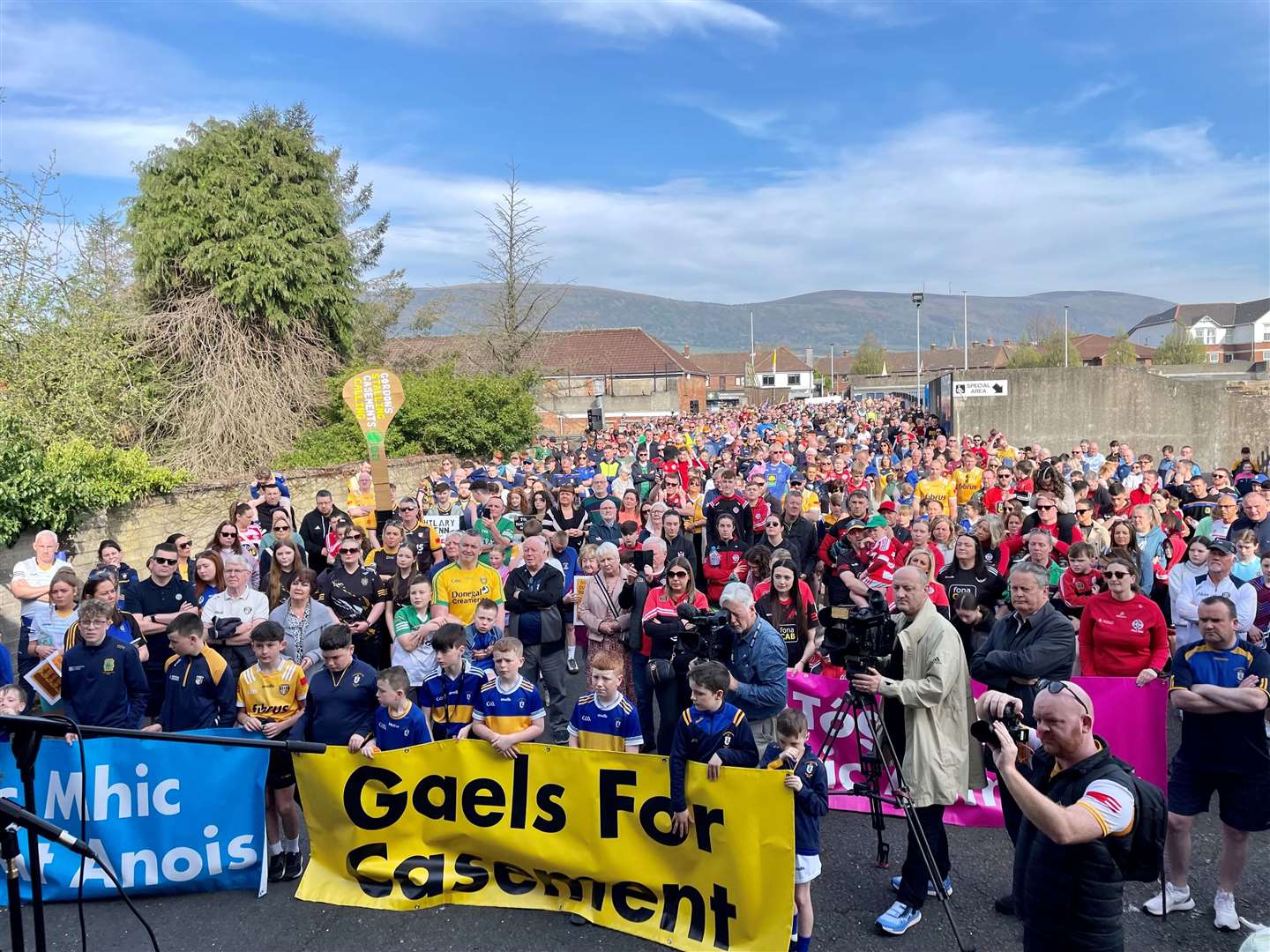 The rally was held adjacent to the crumbling ruins of Casement Park (David Young/PA)