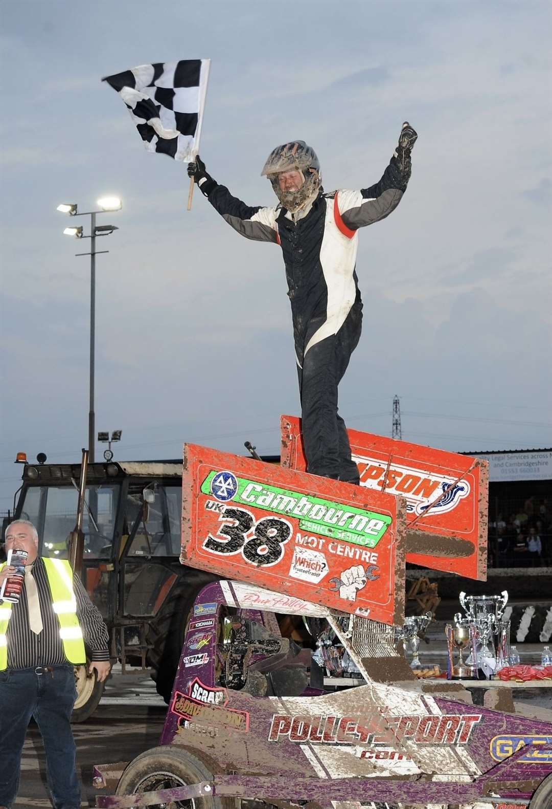 Dave Polley celebrates his BriSCA F2 Stock Car World Final win (PIcture: Colin Casserley)
