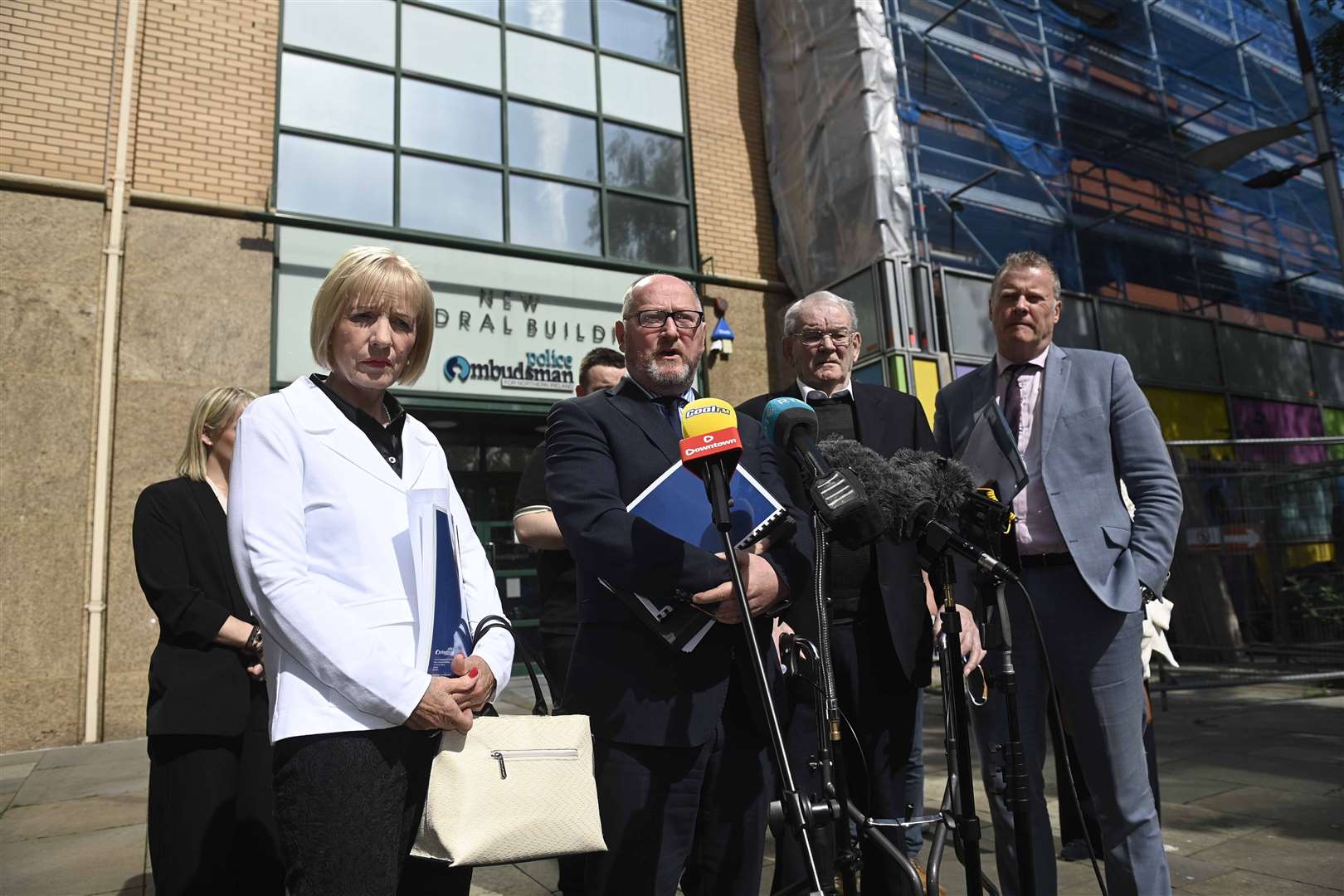 (Left to right) Karen Armstrong, Barry O’Donnell, Alan Black and Kevin Winters outside the Police Ombudsman for Northern Ireland’s office (Mark Marlow/PA)