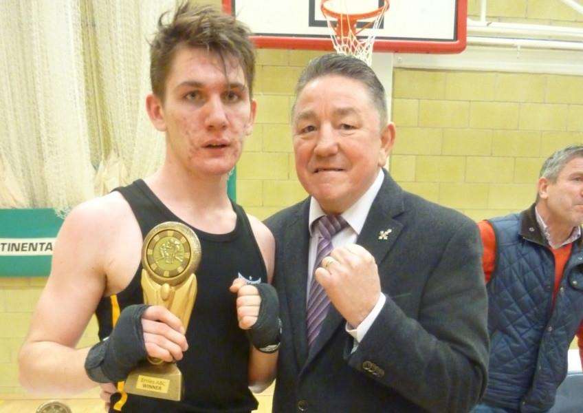 Toby Herbert receiving his trophy from former British Welterweight Champion, Dave Boy Green.