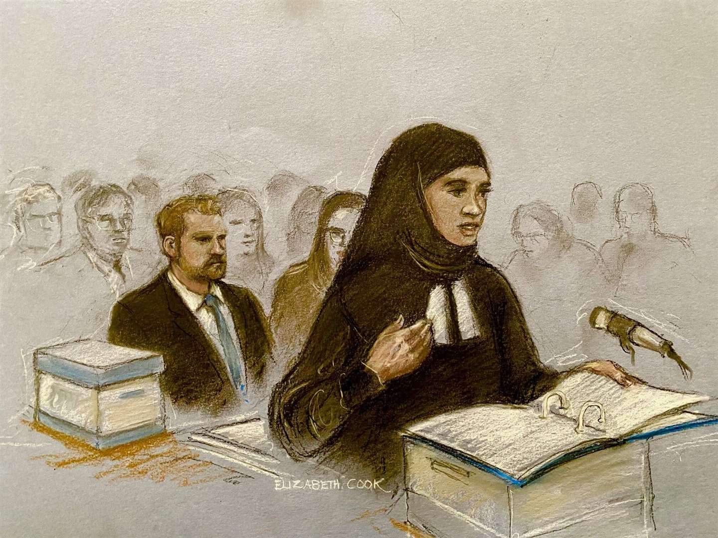 Court artist sketch of Shaheed Fatima KC, watched by the Duke of Sussex, during the hearing at the Royal Courts of Justice (Elizabeth Cook/PA)