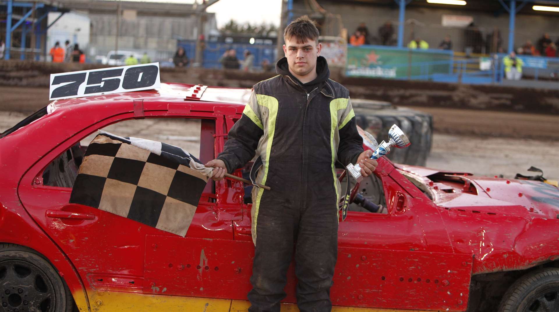 Rhys Parrin, 16, after winning the final in his first Lynn unlimited banger meeting on Saturday. Picture; Dave Bastock