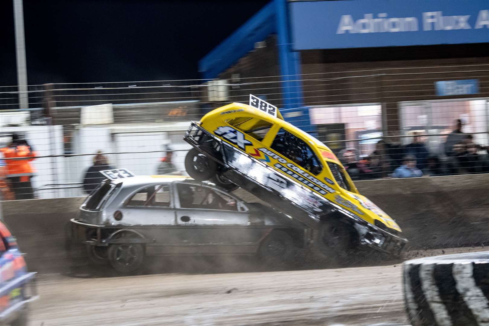 673 John Moat crashed out in a spectacular incident in the 1300 stock cars which saw 382 Joe Bamford roll and land on top of him.