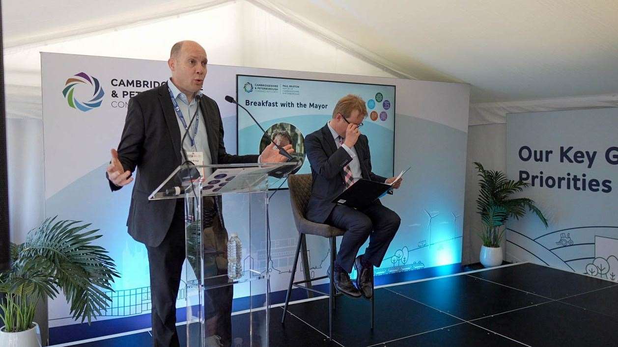 Rob Bridge, chief executive of Cambridgeshire and Peterborough Combined Authority, left, and Paul Bristow, mayor of Cambridgeshire and Peterborough Combined Authority, right