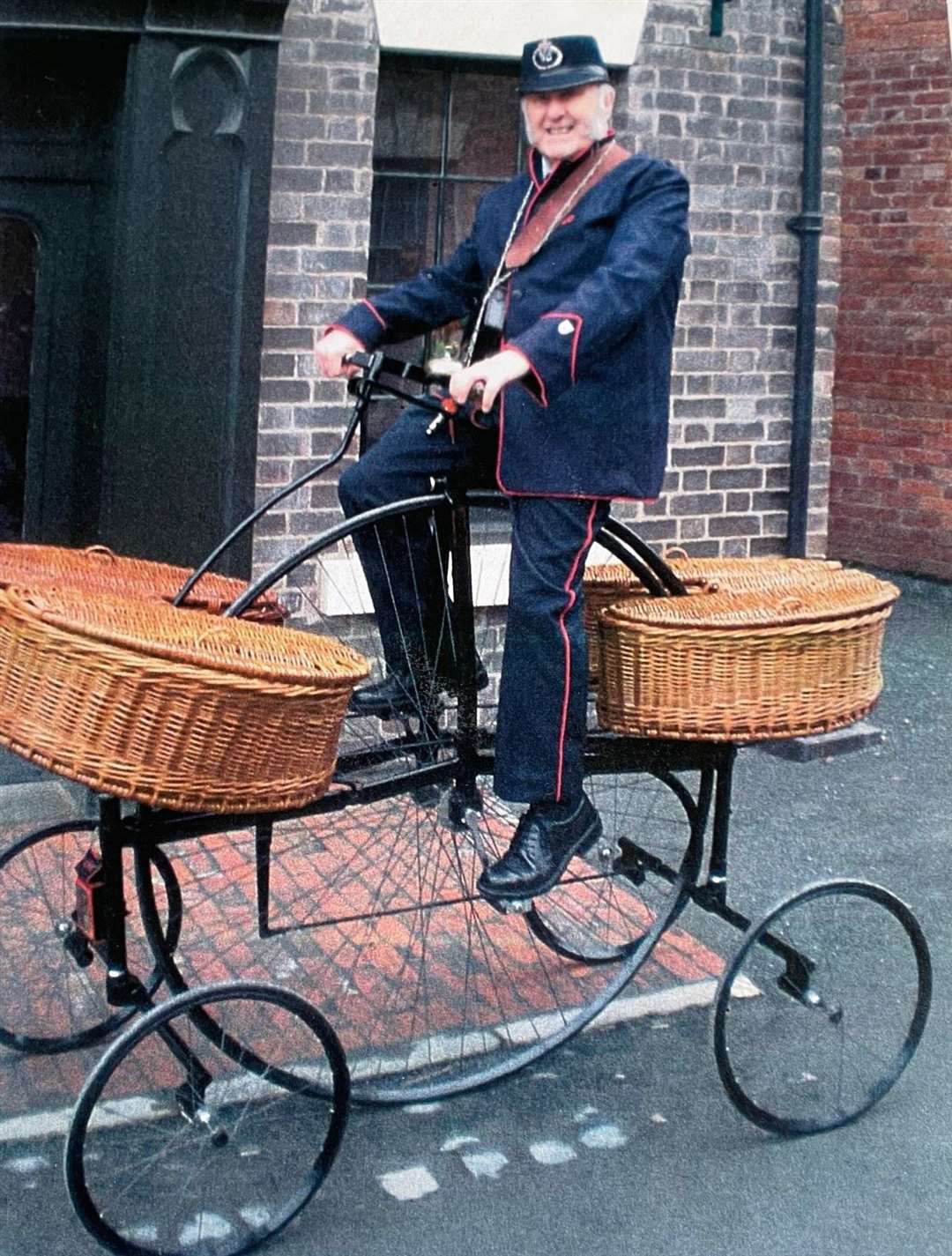 Colin on one of his more extraordinary cycles - a delivery Pentacycle dating from the 1880s.