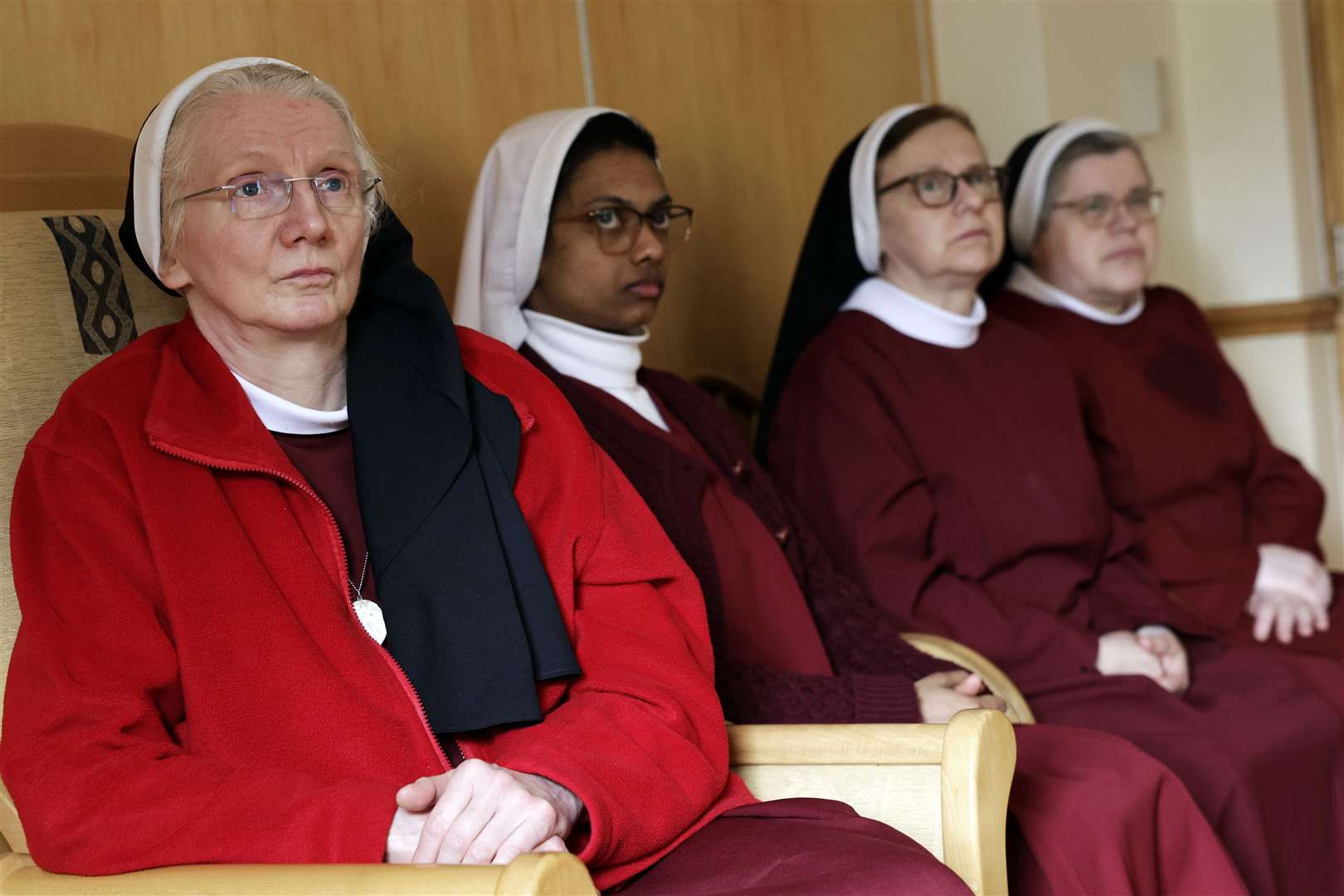 The Red Nuns watching the funeral of Pope Francis at St Alphonus Monastery in Drumcondra, Dublin (Conor O Mearain/PA)