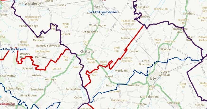 Mepal and Littleport with move over the border into Souith Cambs as denoated by the propsed boundary in red - the current boundary is in lighter blue. (48026446)