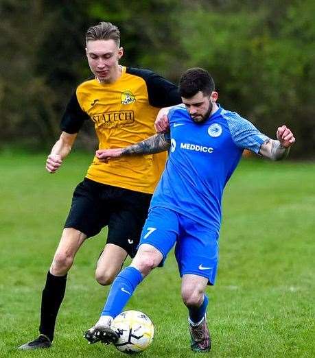 Action from the game between Outwell Swifts (blue) and March Town A (black and amber). Picture: Andrew Lister