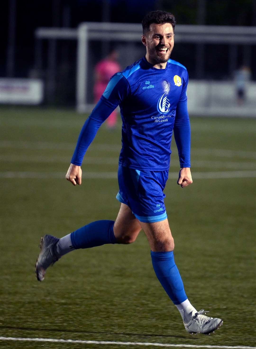 March (Blue) v Blackstones (Green and Black) in the final of the Hinchingbrooke Cup. Matt Foy's celebrating his second goal of the evening to extend March's lead to 3-1