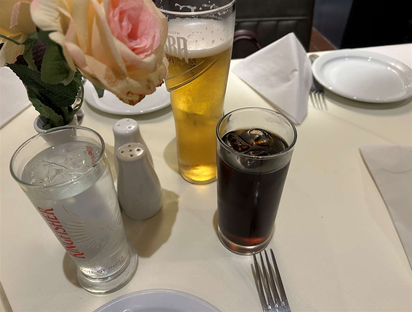 Our drinks - coke, water and a beer