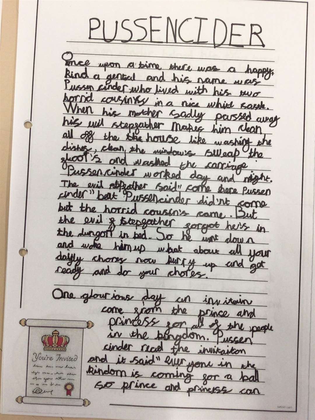 Work by Year Three winner Oliver based on the story of Cinderella.