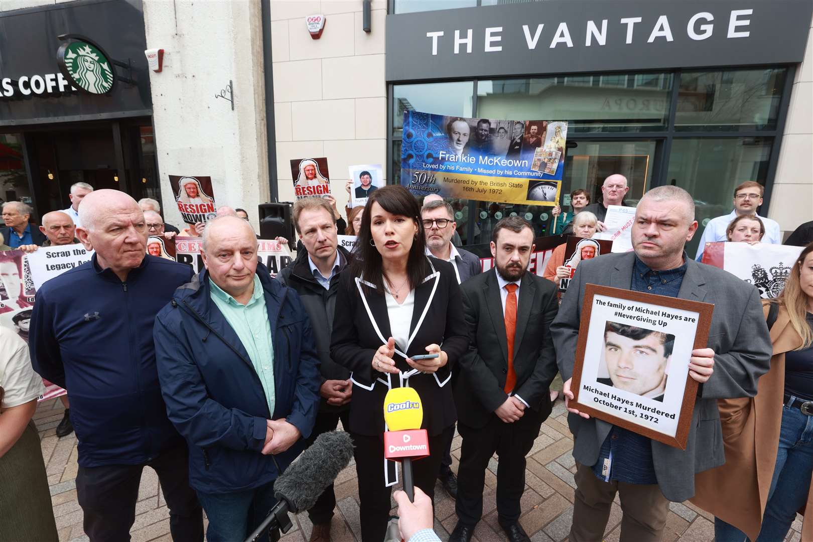 Grainne Teggart (centre), Northern Ireland deputy director for Amnesty International, speaks to the media outside the Independent Commission for Reconciliation and Information Recovery (Liam McBurney/PA)