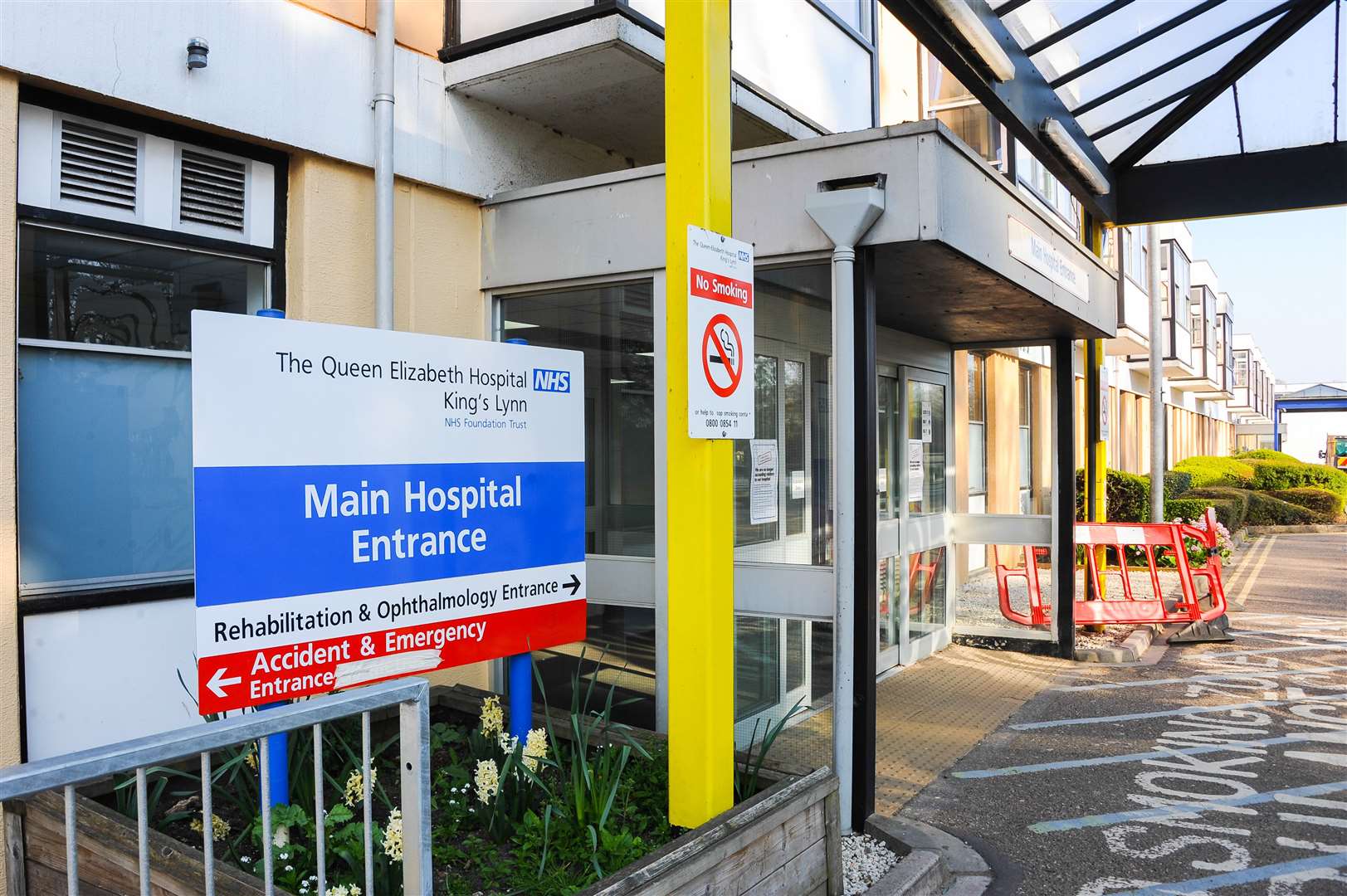 The front entrance of The Queen Elizabeth Hospital in King's Lynn