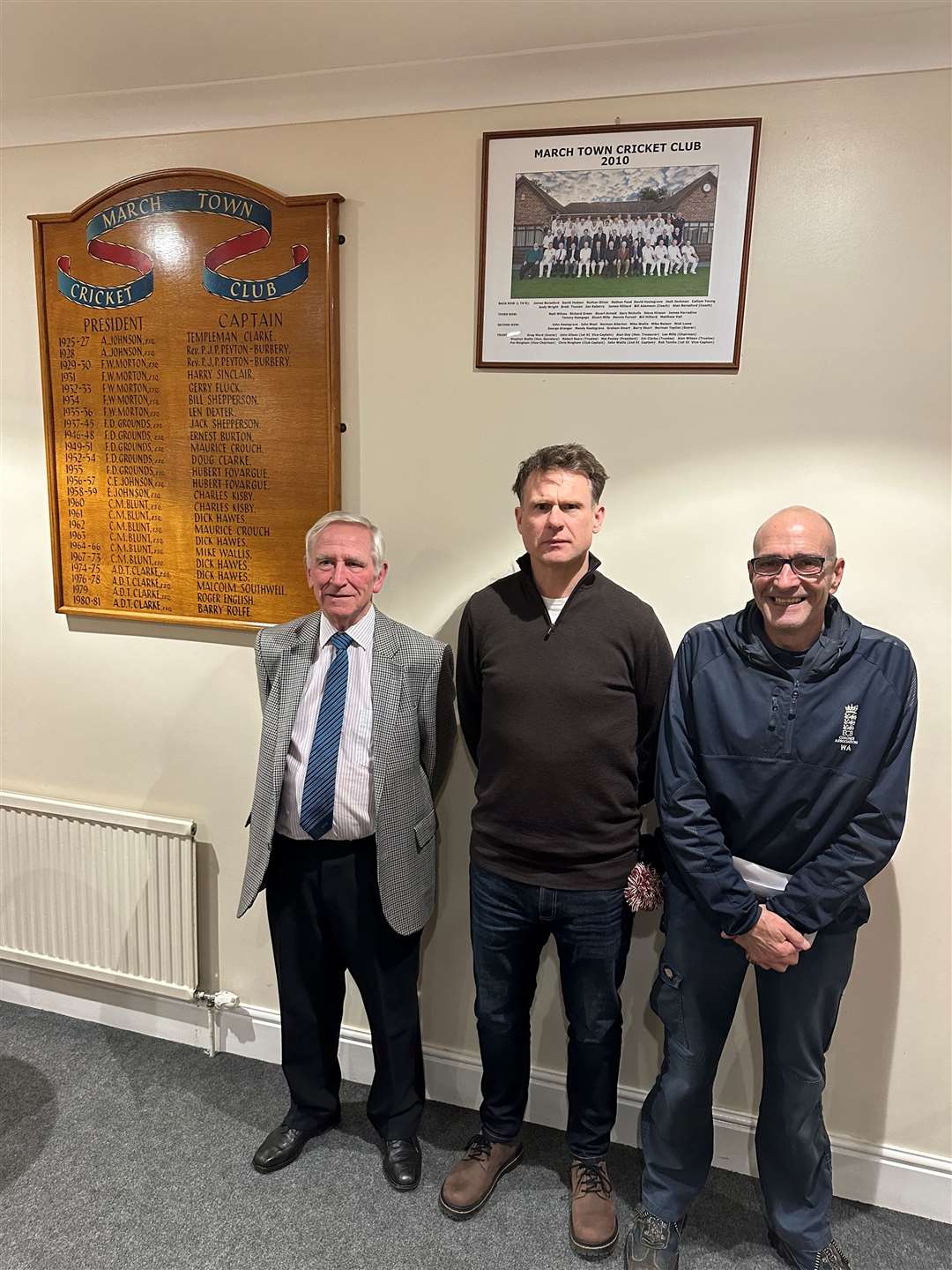 Alan Day (retiring treasurer), Jody Betts (club president) and Bill Adamson (honorary vice-president)