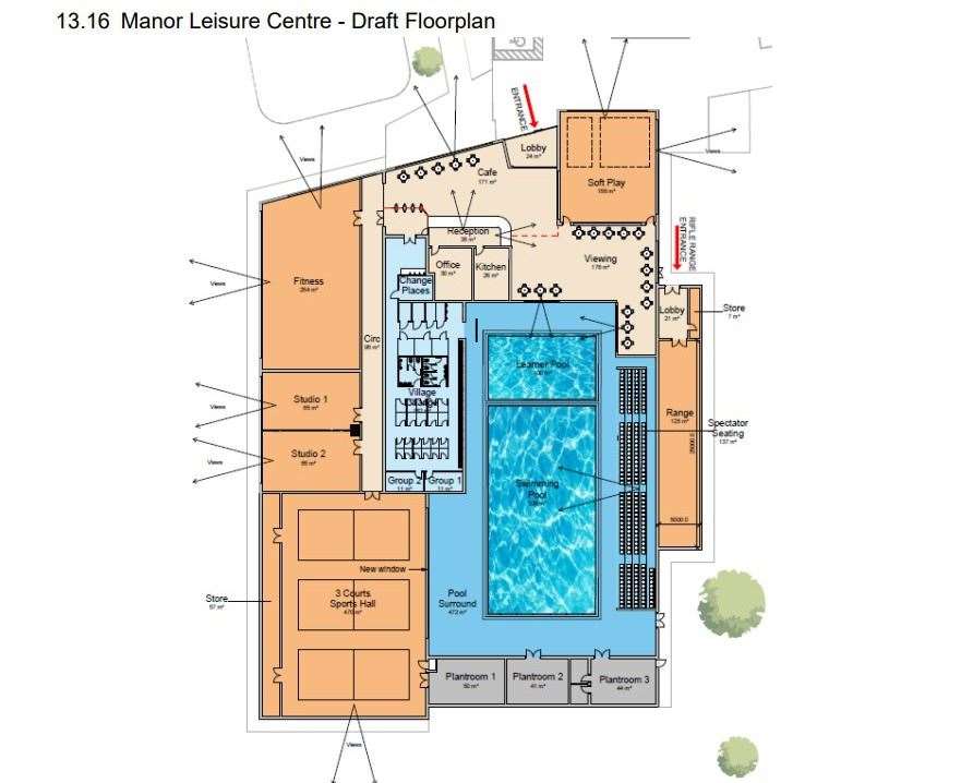 The proposed floor plan of how the Manor Leisure Centre would look if the sports hall was added to the swimming pool building
