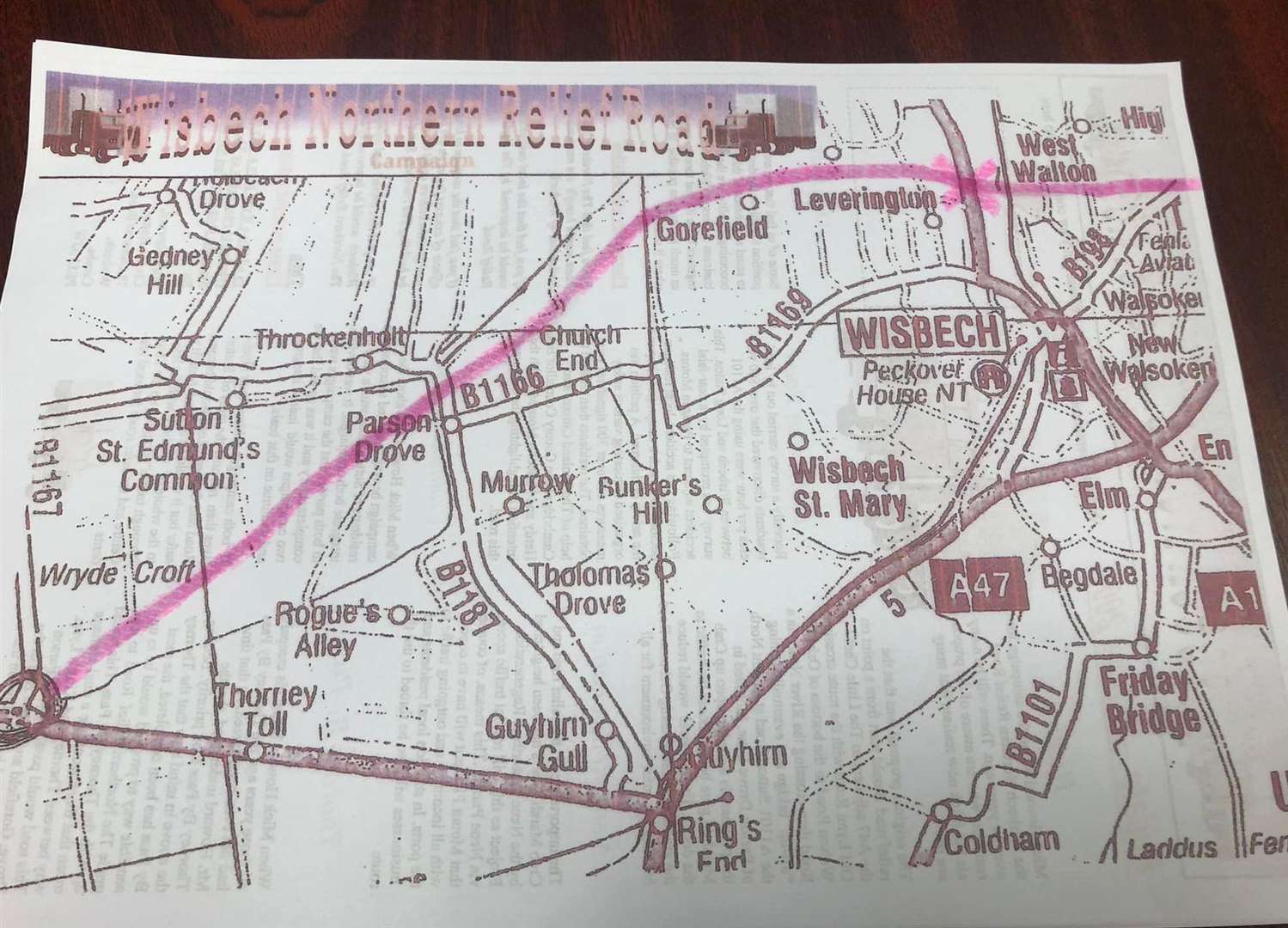 The pink line shows where Mick Howard would like to see a northern relief road for Wisbech.