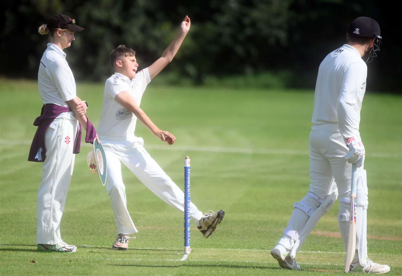 Henry Gowler bowling for Wisbech 3rds v St Ives Town & Warboys 3rds