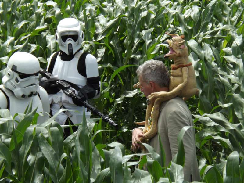 Tim Rose of Star Wars fame with Salacious Crumb - one of the characters he played in the films - in the maze at Skylark with the Storm Troopers