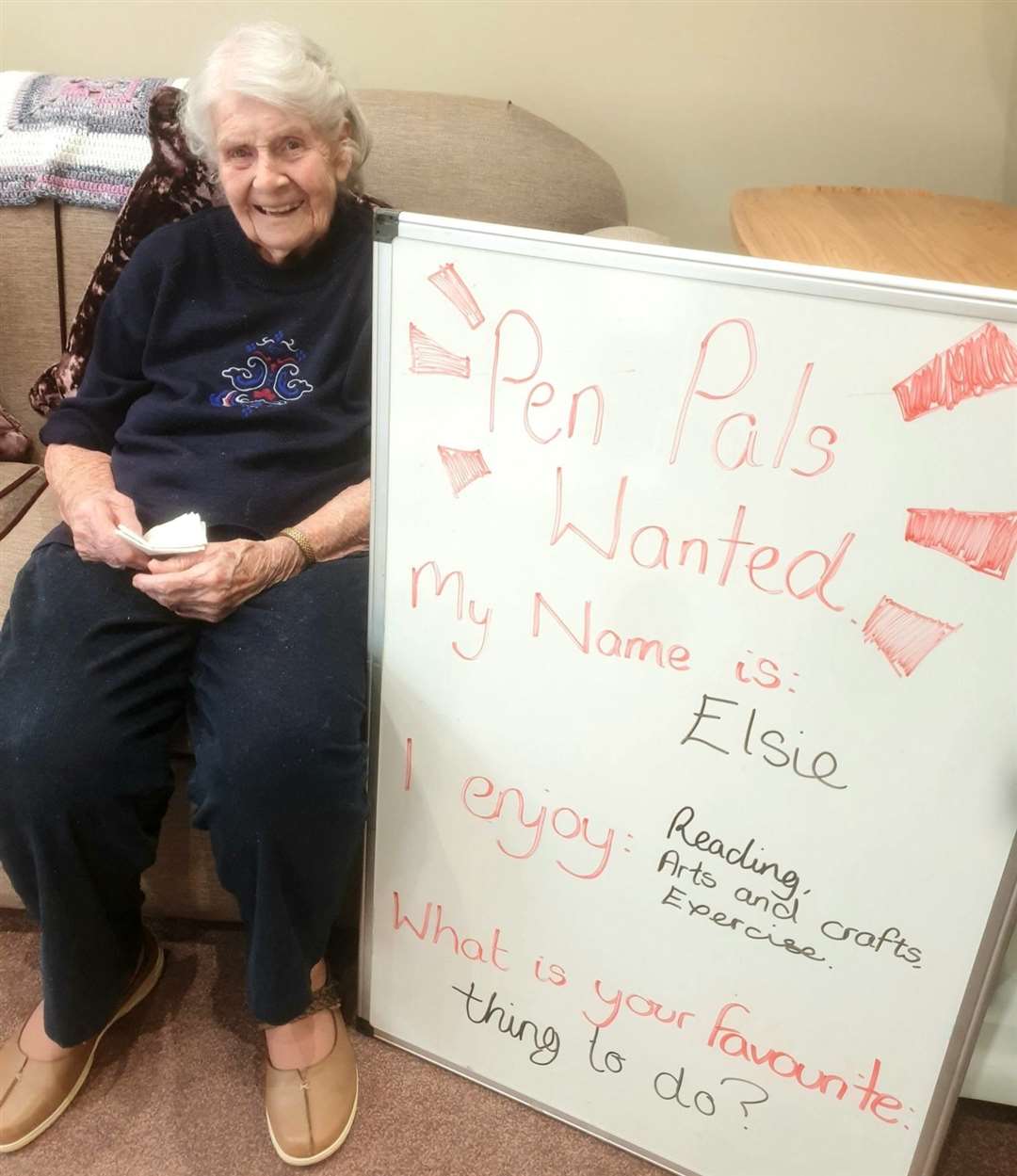 Elsie likes reading, arts and crafts and exercising maybe you have the same interests and could write to her. (55107262)