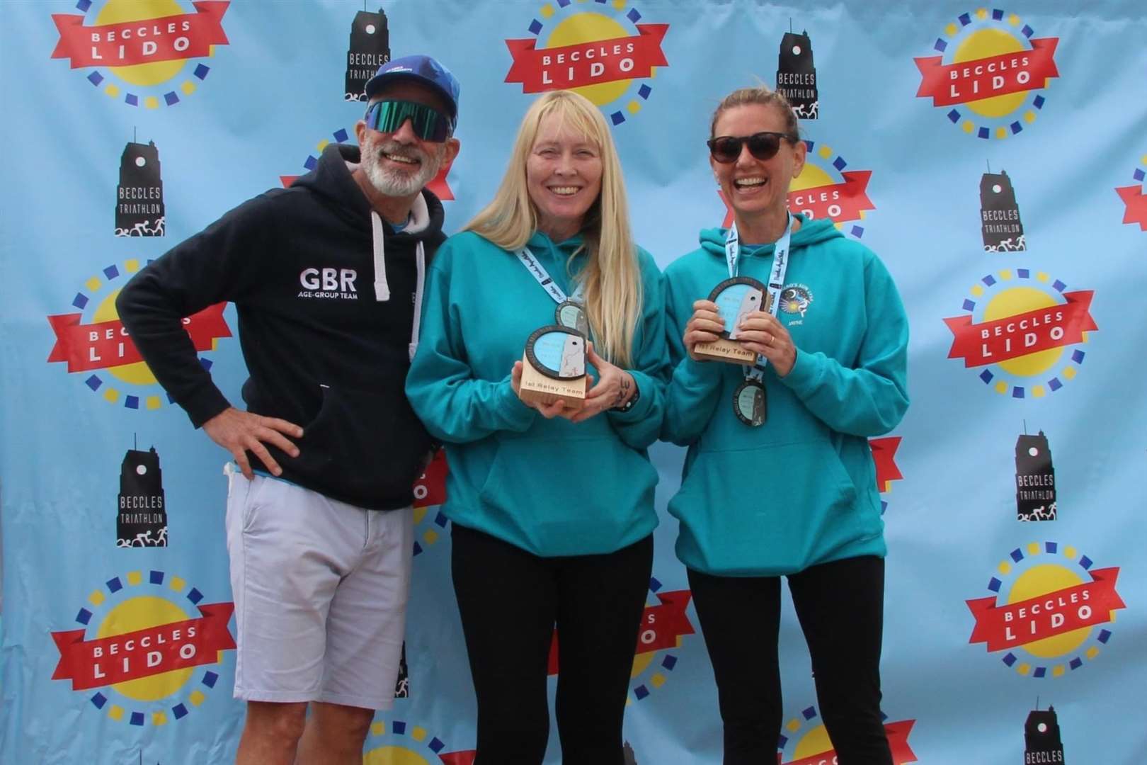 Sarah-Jane Macdonald and Jayne Spurrier after winning the relay event