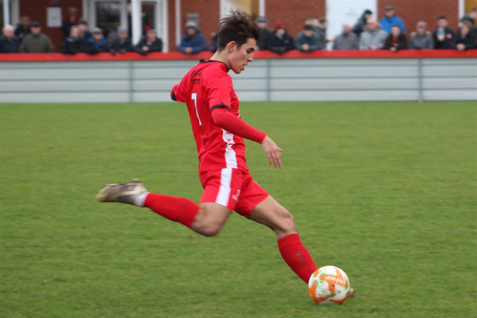 Action from today's game between Wisbech Town and Newark & Sherwood. Photo: ERIN LARHAM