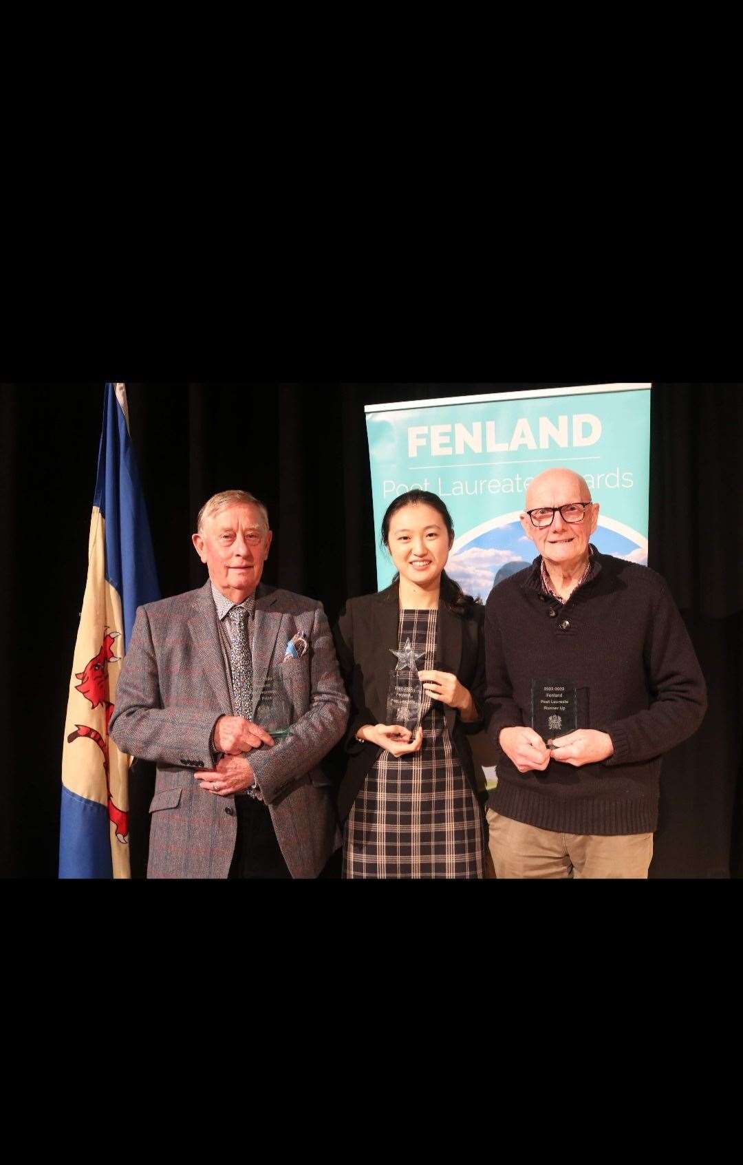Winning line-up from left: Rex Sly (third), Qu Gao (winner) and Alan Wheeldon (second). Photo: Tim Chapman.