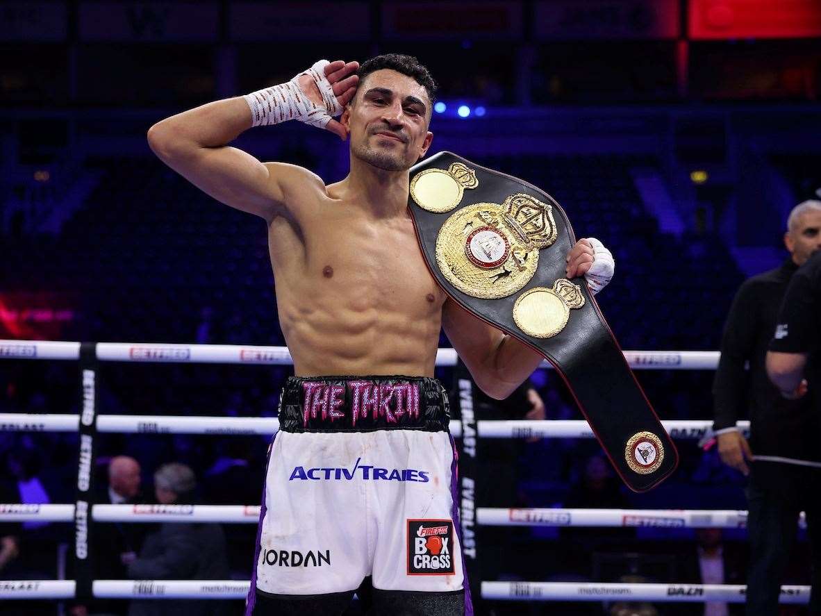 Jordan Gill celebrates with his belt. Picture: Mark Robinson (Matchroom Boxing)